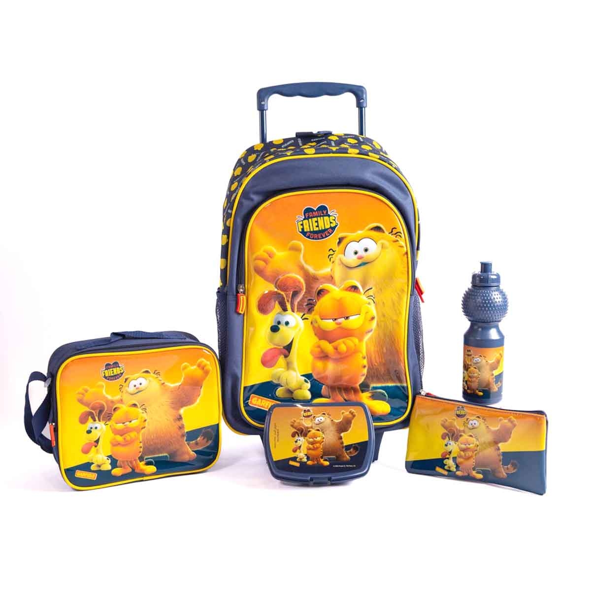 غارفيلد مجموعة حقيبة ترولي مدرسية باللون الأزرق الداكن مقاس 18 انش مع حقيبة غداء ومقلمة وزجاجة مياه وصندوق طعام