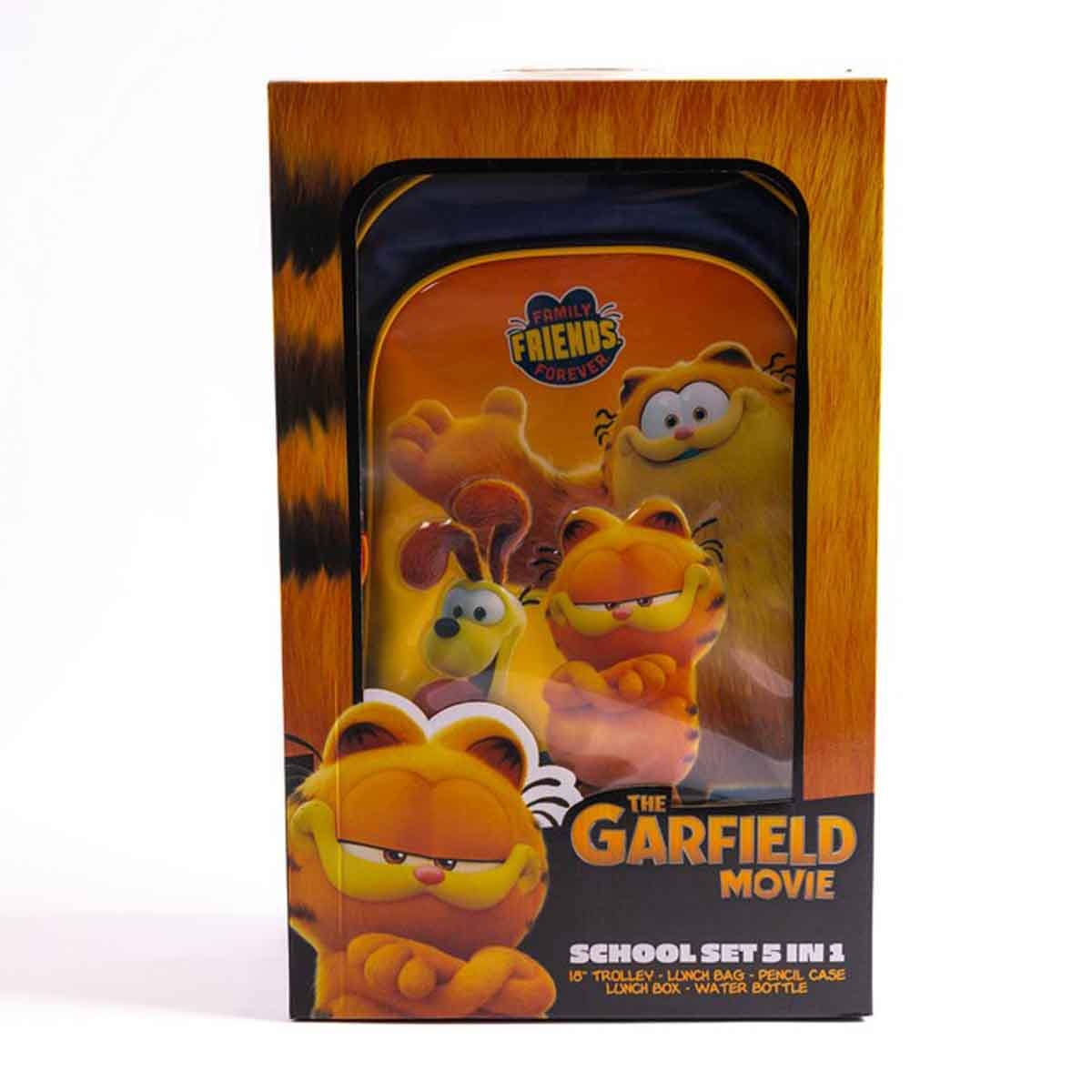 غارفيلد مجموعة حقيبة ترولي مدرسية باللون الأزرق الداكن مقاس 18 انش مع حقيبة غداء ومقلمة وزجاجة مياه وصندوق طعام