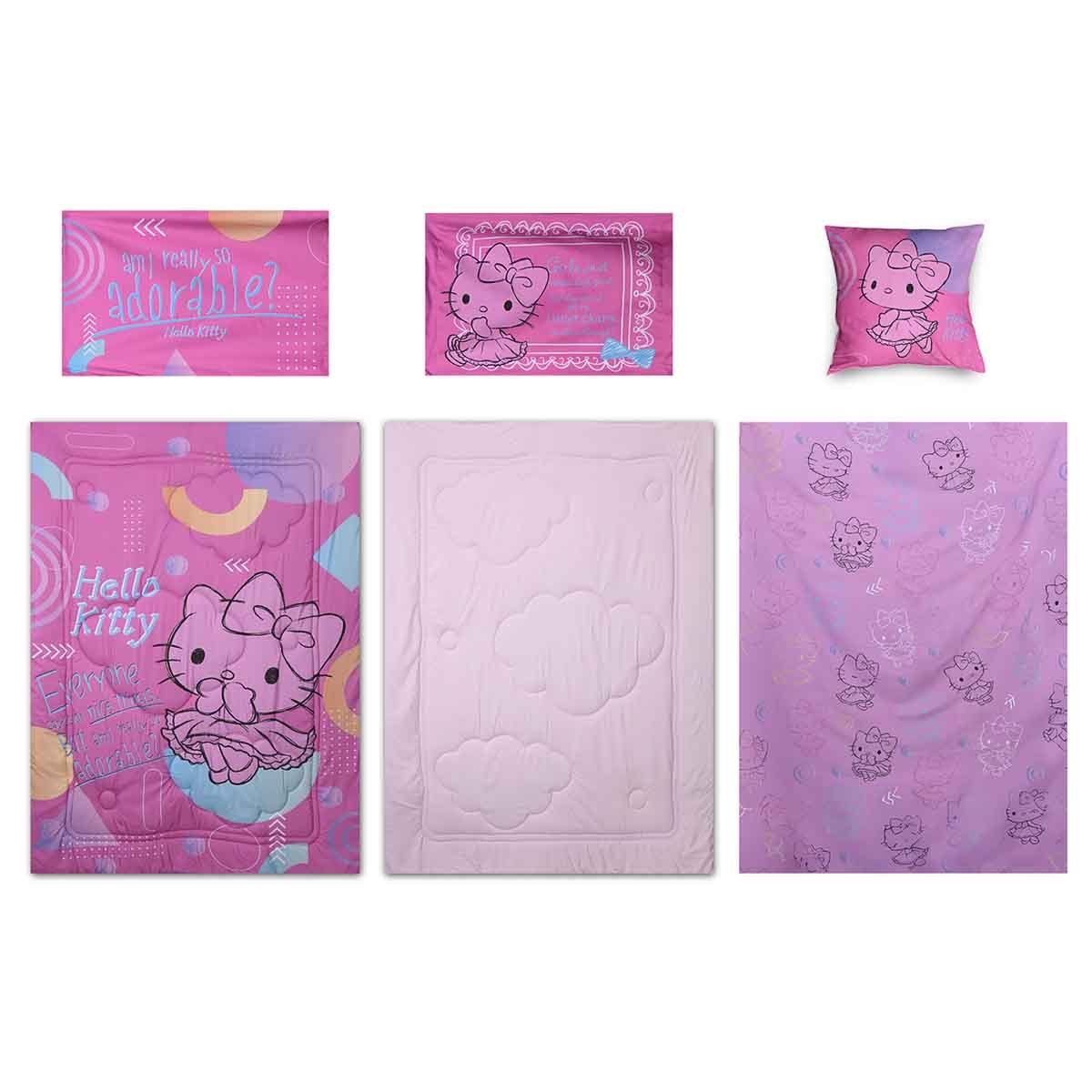 هيلو كيتي طقم لحاف مكون من 5 قطع من ألياف دقيقة مفرشة باللون الوردي مع غلاف بوليستر