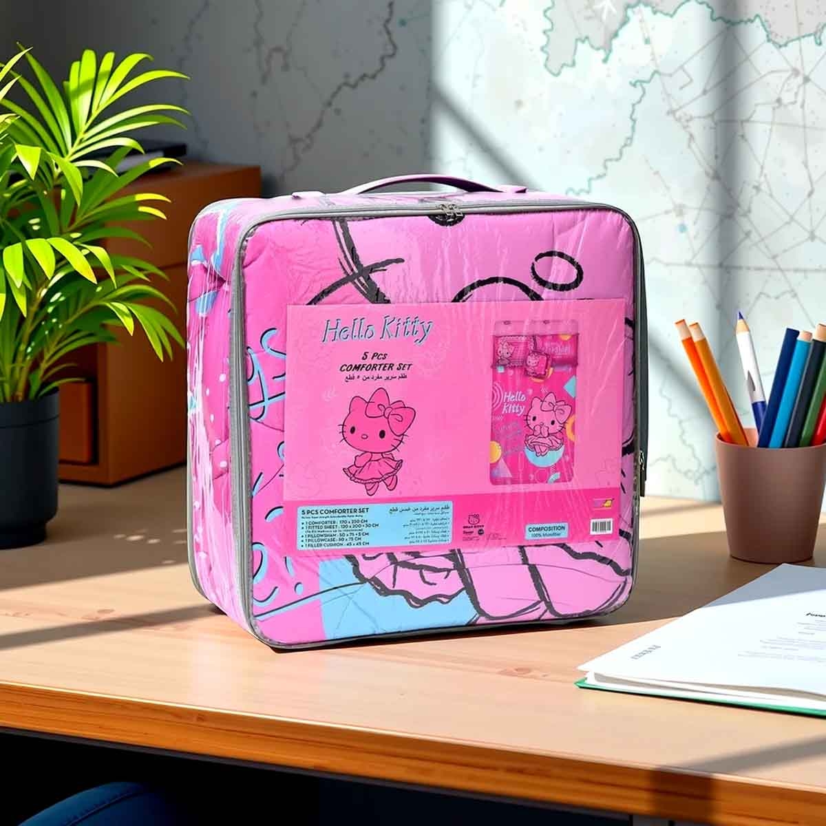 هيلو كيتي طقم لحاف مكون من 5 قطع من ألياف دقيقة مفرشة باللون الوردي مع غلاف بوليستر