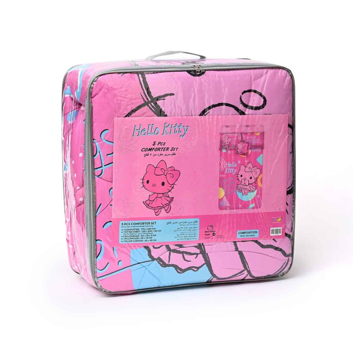 هيلو كيتي طقم لحاف مكون من 5 قطع من ألياف دقيقة مفرشة باللون الوردي مع غلاف بوليستر