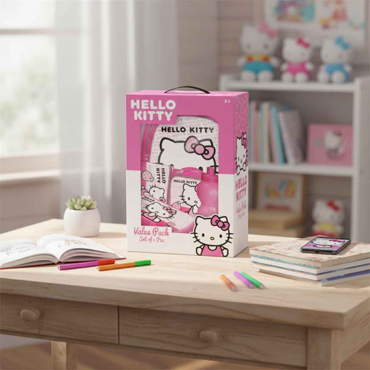 هيلو كيتي مجموعة حقيبة ترولي 5 في 1 مقاس 14 انش مع صندوق غداء وزجاجة ماء ومقلمة وحقيبة غداء