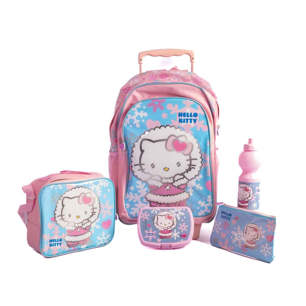 هيلو كيتي مجموعة مدرسية 5 في 1 باللون الوردي مع حقيبة ترولي وحقيبة غداء ومقلمة وزجاجة مياه وصندوق طعام للبنات من عمر 5-7 سنوات