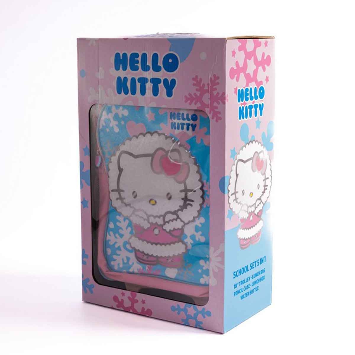 هيلو كيتي مجموعة مدرسية 5 في 1 باللون الوردي مع حقيبة ترولي وحقيبة غداء ومقلمة وزجاجة مياه وصندوق طعام للبنات من عمر 5-7 سنوات