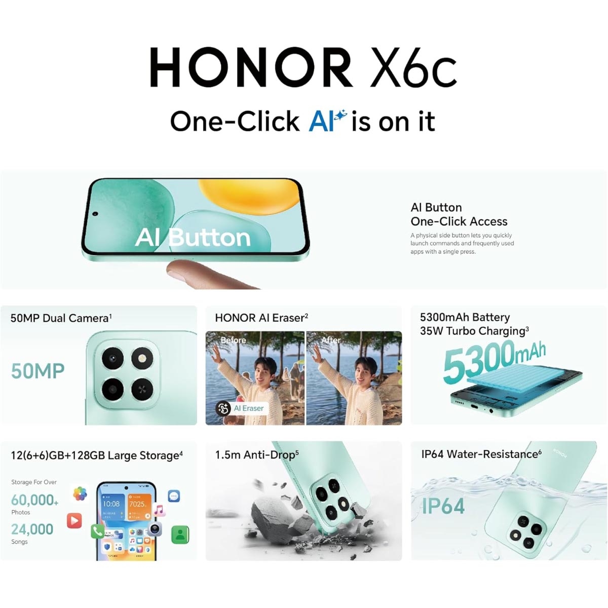 HONOR X6c 4G Android Smartphone (6GB + 128GB), KSA Version - Midnight Black
