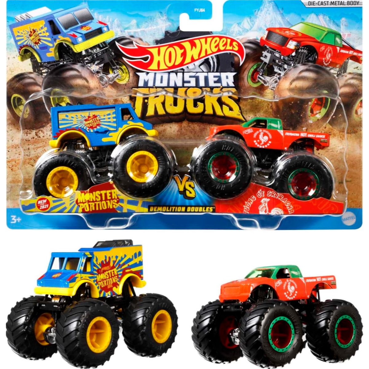 Hot Wheels Assorted 1:64 Scale Demolition Doubles Monster Trucks Unisex, 3-4 Years, Pack of 2