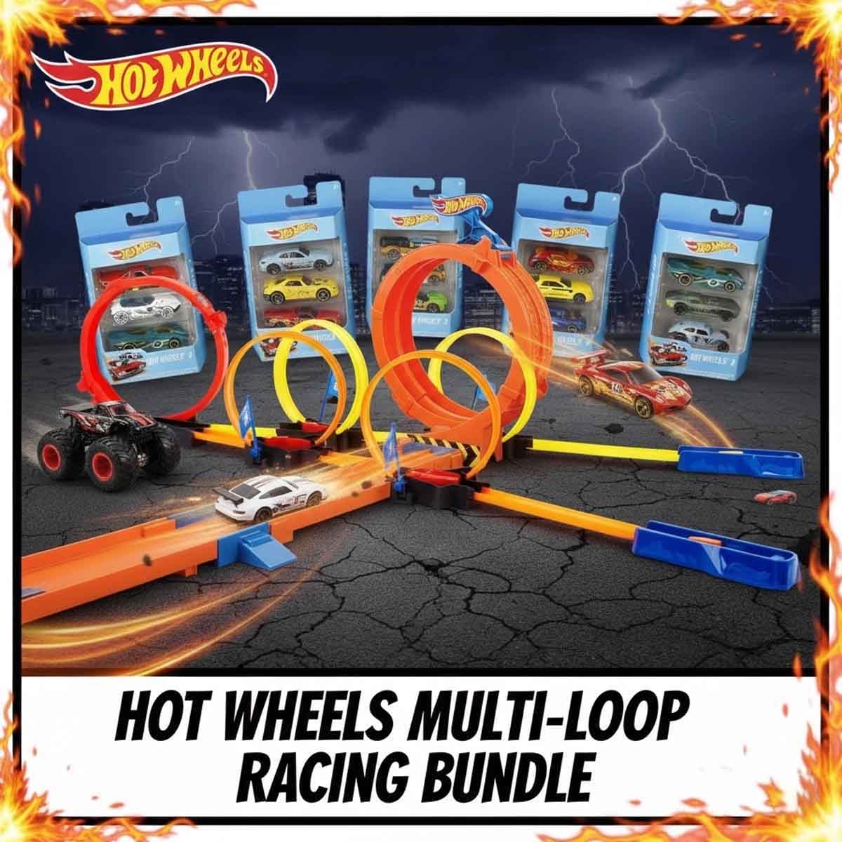 Hot Wheels Assorted Basic Car & Action Multi Loop Race-Off Track Set Bundle Unisex, 5-7 Years