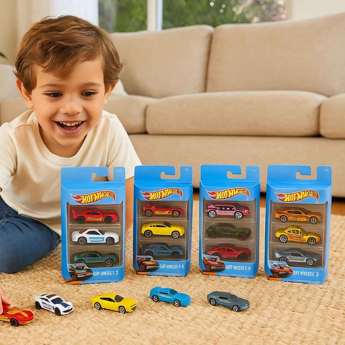 Hot Wheels Assorted Basic Car & Action Multi Loop Race-Off Track Set Bundle Unisex, 5-7 Years