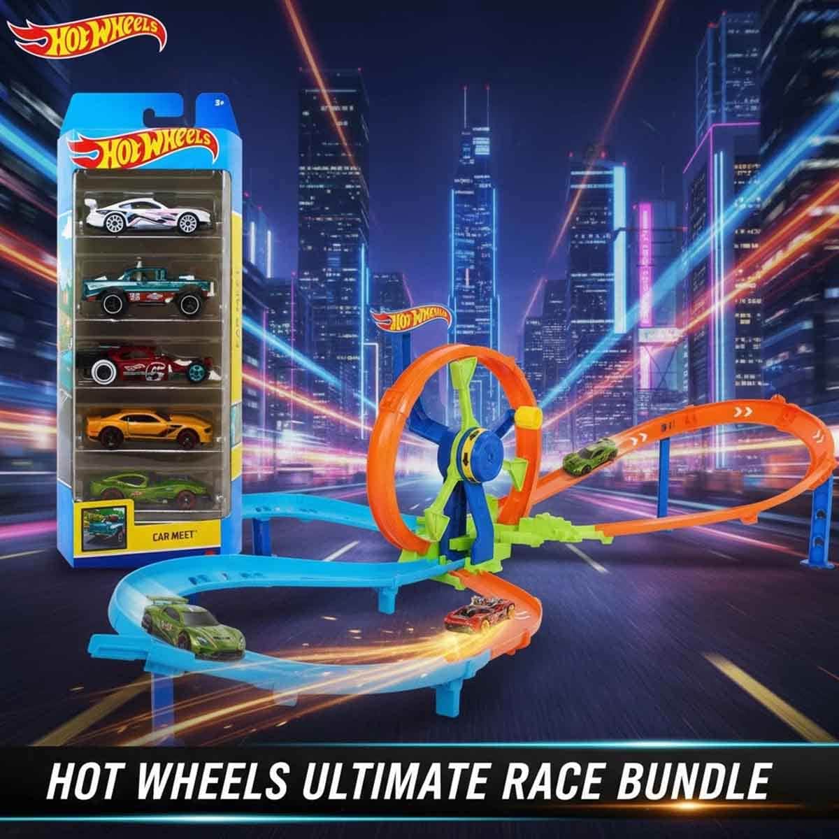 Hot Wheels Assorted Basic Car & Action Turbine Challenge Playset Bundle Unisex, 3-4 Years
