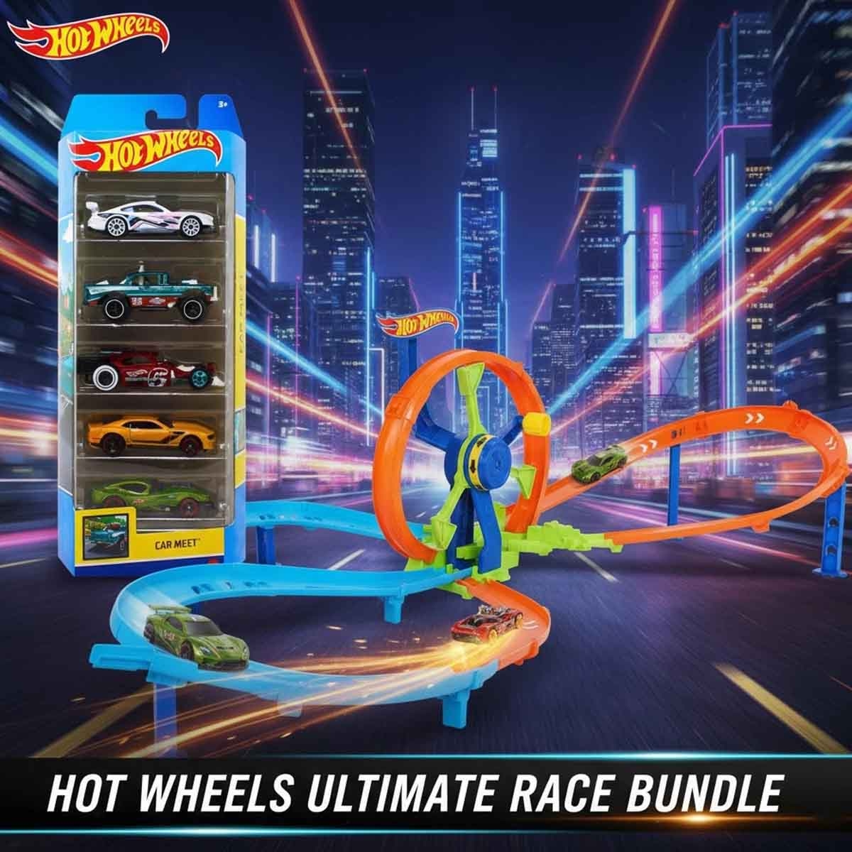 Hot Wheels Assorted Basic Car & Action Turbine Challenge Playset Bundle Unisex, 3-4 Years