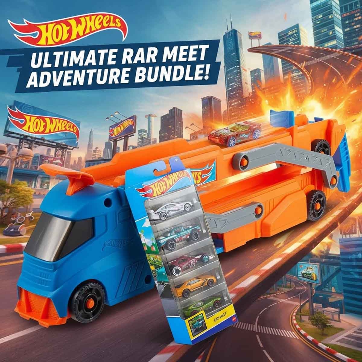 Hot Wheels Assorted Basic Car & ECL City Speed Track Transporter Playset Bundle Unisex, 3-4 Years