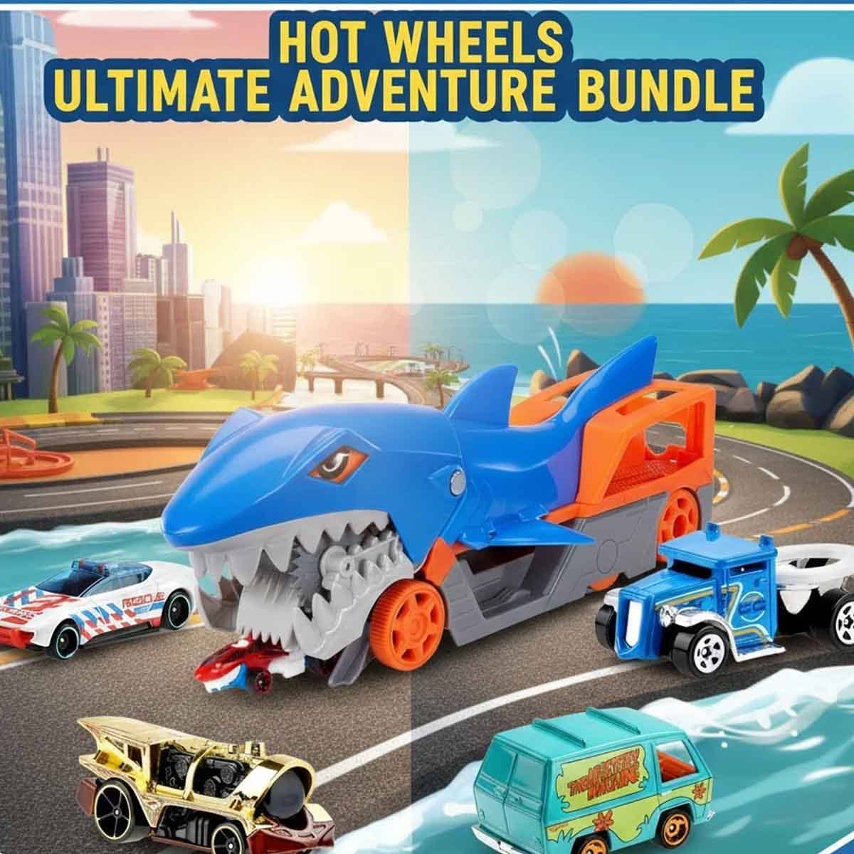 Hot Wheels Assorted Basic Car & Shark Chomp Transporter Playset Bundle Unisex, 3-4 Years