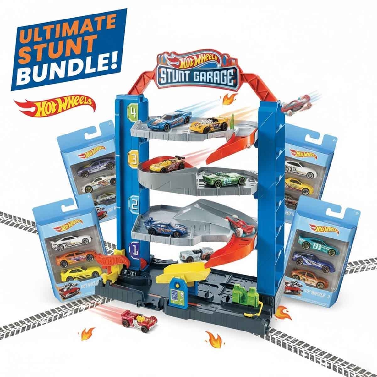 هوت ويلز مجموعة سيارة بيسك متنوعة مع طقم مضمار ستانت جراج، للجنسين، 5-7 سنوات