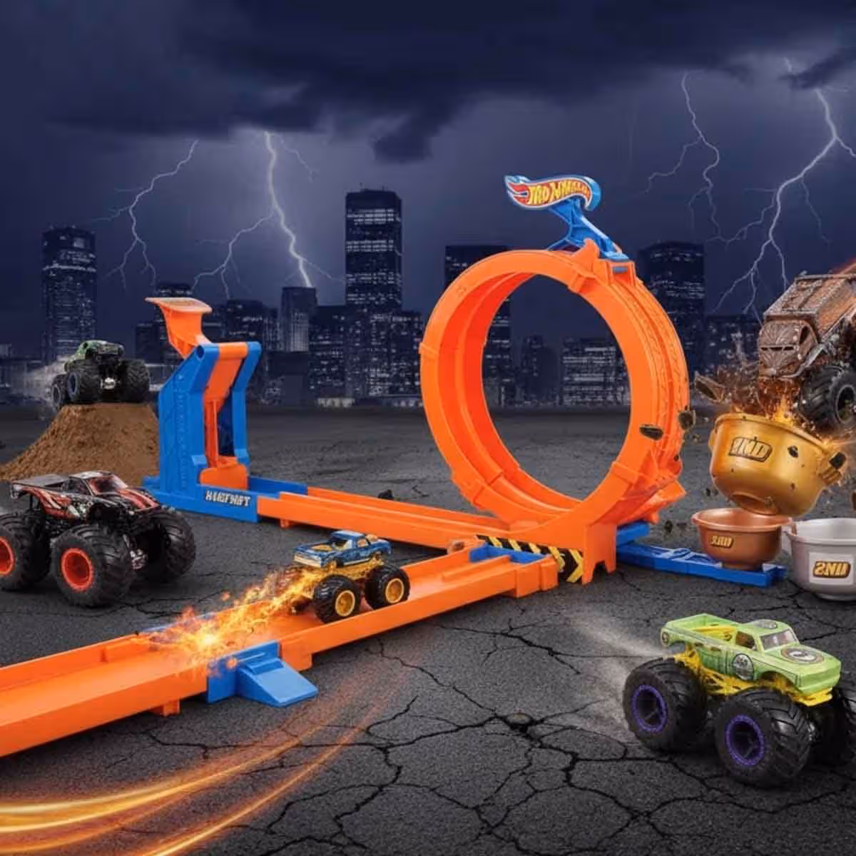 Hot Wheels Demolition Doubles Monster Trucks & Loop-And-Flip Track Set Bundle Unisex, 5-7 Years