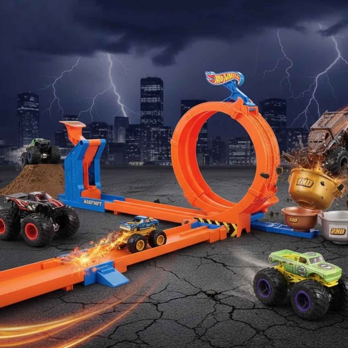 Hot Wheels Demolition Doubles Monster Trucks & Loop-And-Flip Track Set Bundle Unisex, 5-7 Years