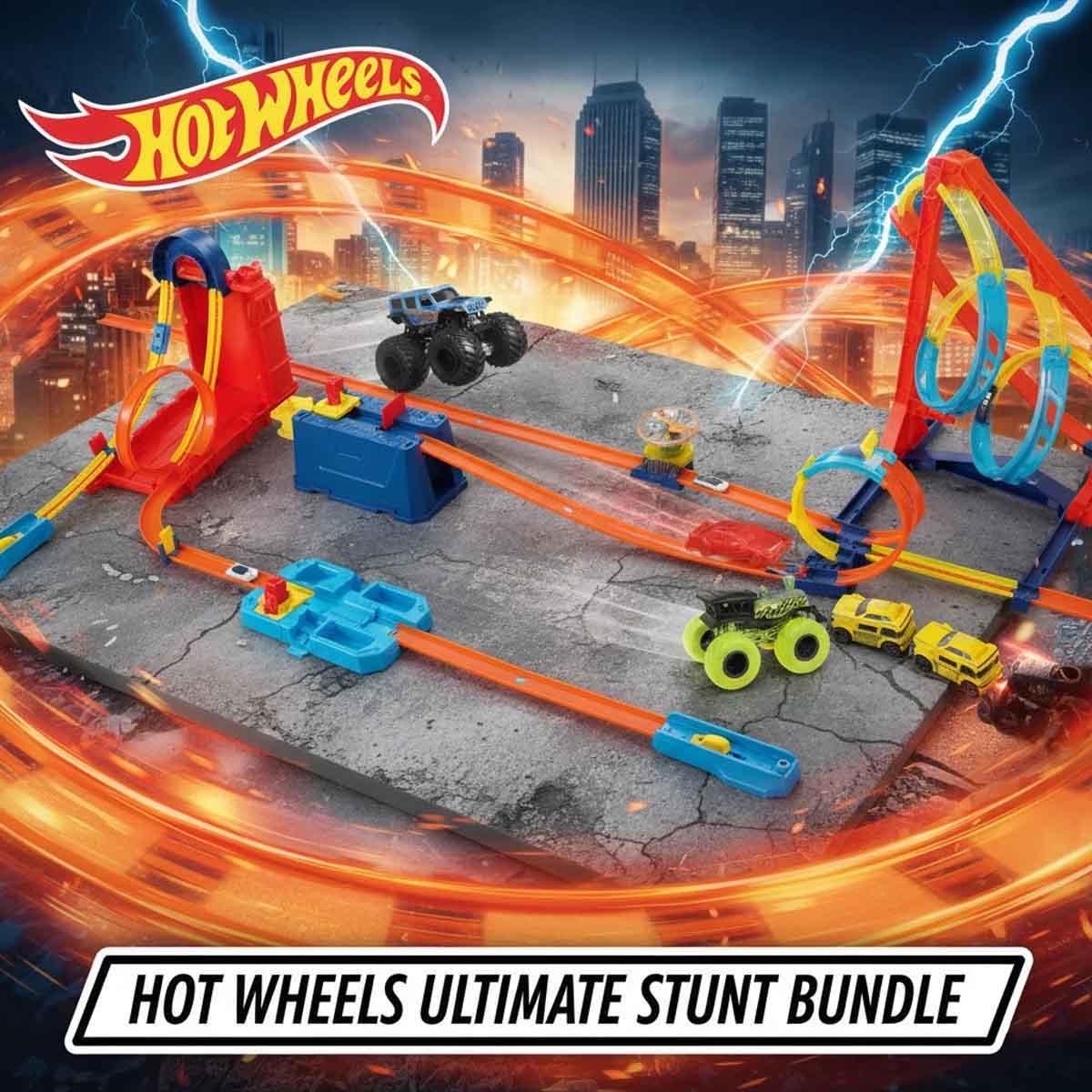 Hot Wheels Track Builder Playset & Assorted Monster Truck Bundle Unisex, 3-4 Years
