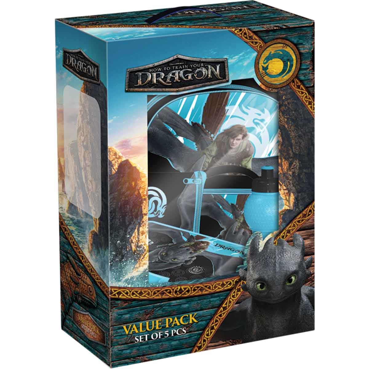 هاو تو ترين يور دراغون حقيبة عربة مدرسية متحركة 5 في 1 مقاس 16 انش مع علبة غداء وزجاجة ماء وحقيبة أقلام وعلبة غداء إضافية.