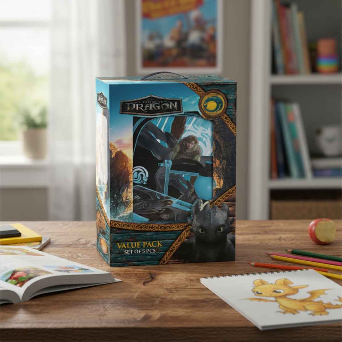 هاو تو ترين يور دراغون حقيبة عربة مدرسية متحركة 5 في 1 مقاس 16 انش مع علبة غداء وزجاجة ماء وحقيبة أقلام وعلبة غداء إضافية.