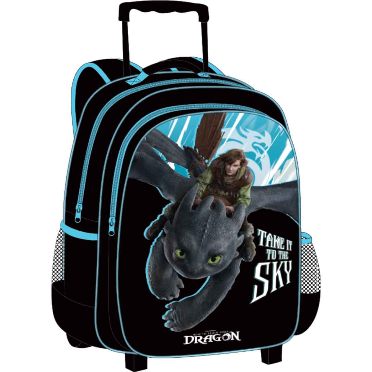 هاو تو ترين يور دراغون حقيبة عربة مدرسية متحركة 5 في 1 مقاس 16 انش مع علبة غداء وزجاجة ماء وحقيبة أقلام وعلبة غداء إضافية.