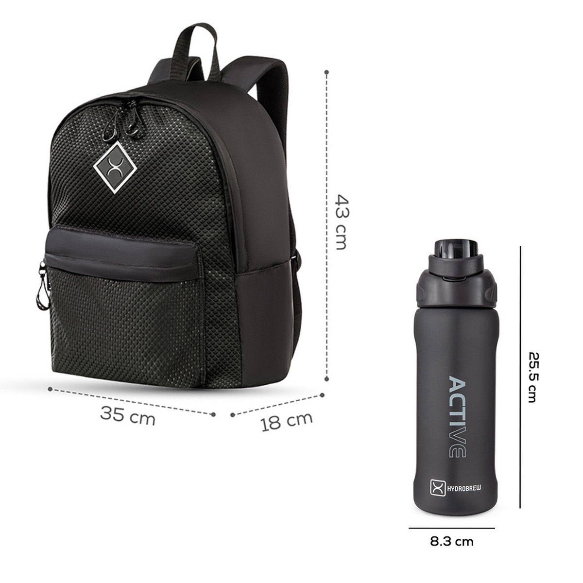Hydrobrew 17" Black Backpack with 1000ml Sip Switch Tritan Water Bottle