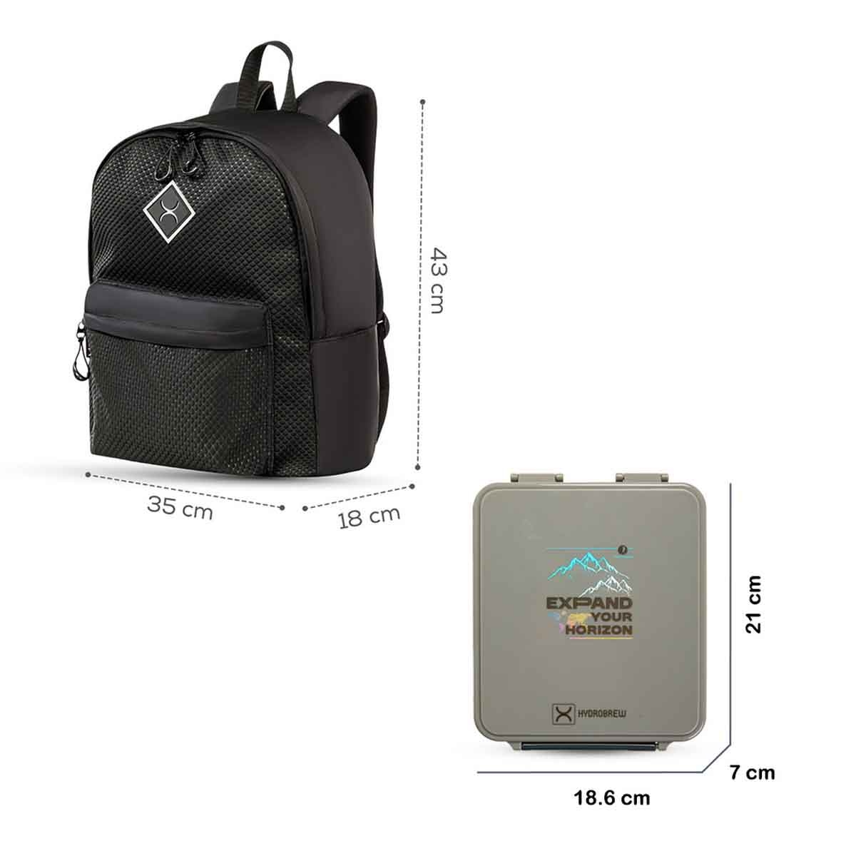 HYDROBREW 17" Black Backpack with Bento Lunch Box