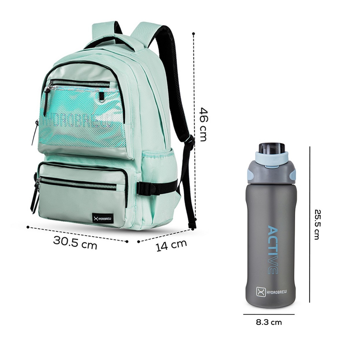 Hydrobrew 18" Green Backpack with 1000ml Sip Switch Tritan Water Bottle