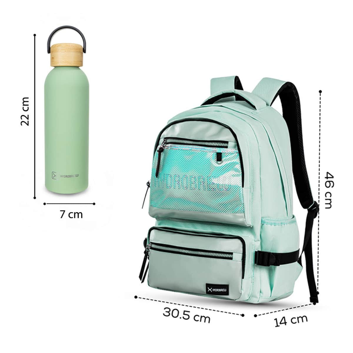 Hydrobrew 18" Green Backpack with Double Wall Stainless Steel Water Bottle