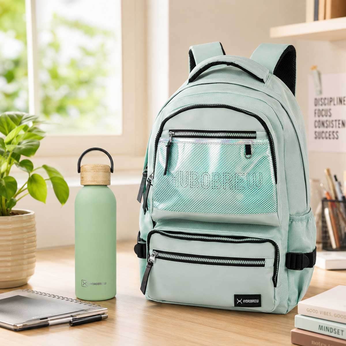 Hydrobrew 18" Green Backpack with Double Wall Stainless Steel Water Bottle