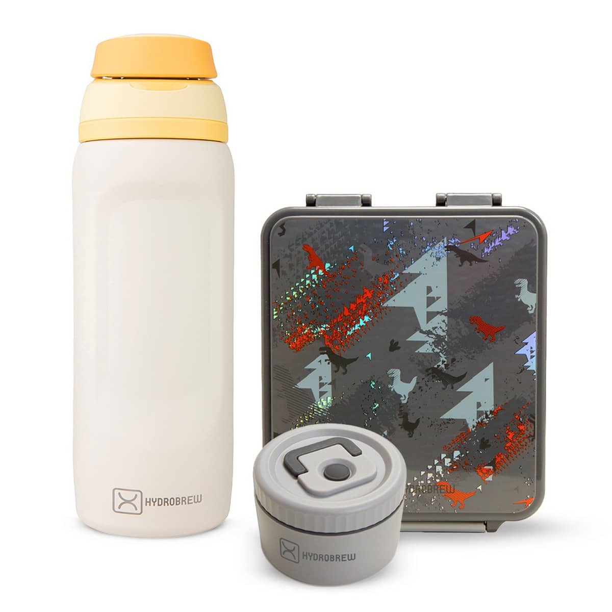 Hydrobrew 1.74L Dinosaurs Grey Bento Lunch Box & Steel Food Jar with 1000ml Sip Switch Water Bottle