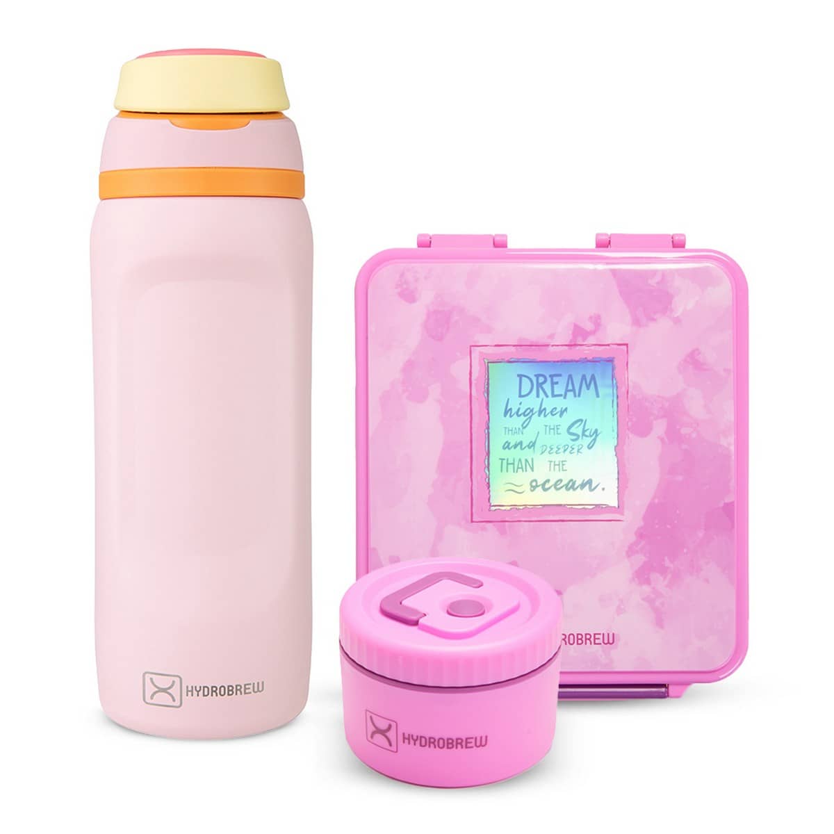 Hydrobrew 1.74L Dream Pink Bento Lunch Box & Steel Food Jar with 1000ml Sip Switch Water Bottle