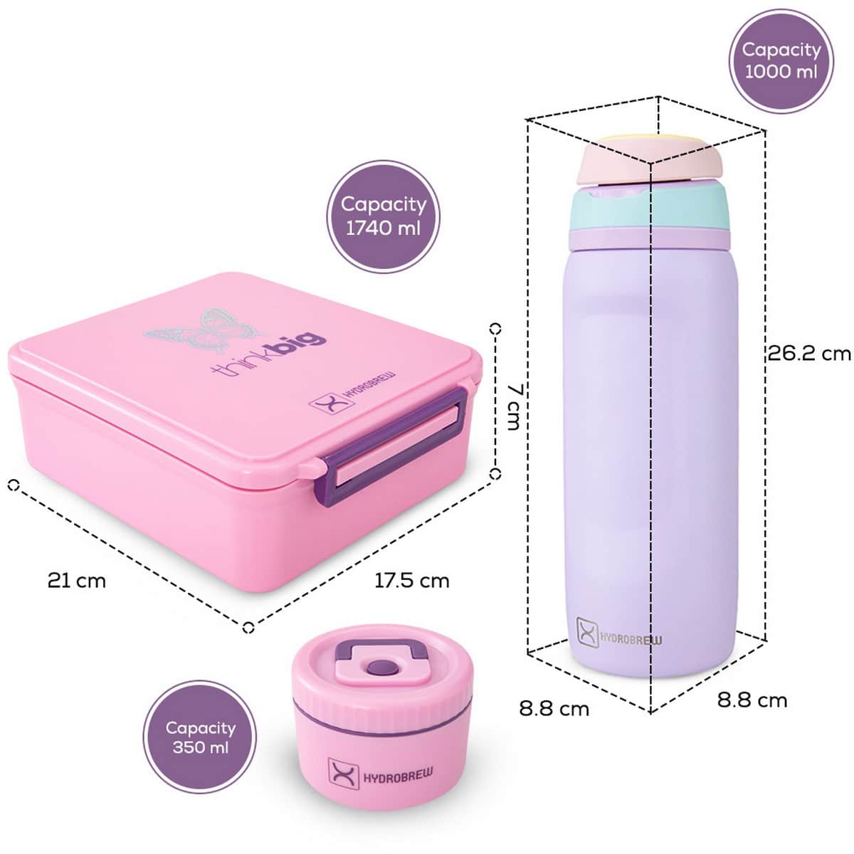 Hydrobrew 1.74L ThinkBig Pink Bento Lunch Box & Steel Food Jar with 1000ml Sip Switch Water Bottle