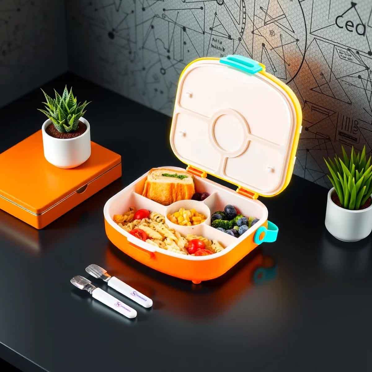 HYDROBREW 4-Compartment Bento Lunch Box with Spoon & Fork Set