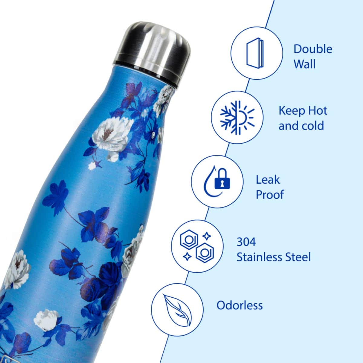 Hydrobrew 500ml Azure Bloom Double Wall Stainless Steel Water Bottle