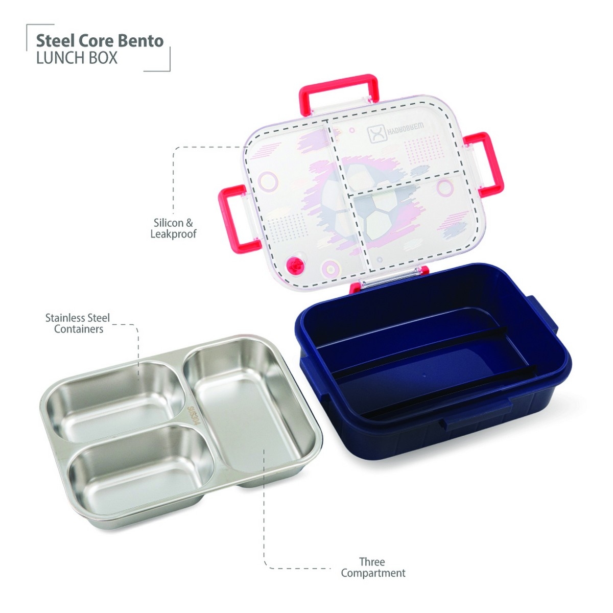 Hydrobrew 750ml Champion Navy Steel Core 3-Compartment Bento Lunch Box