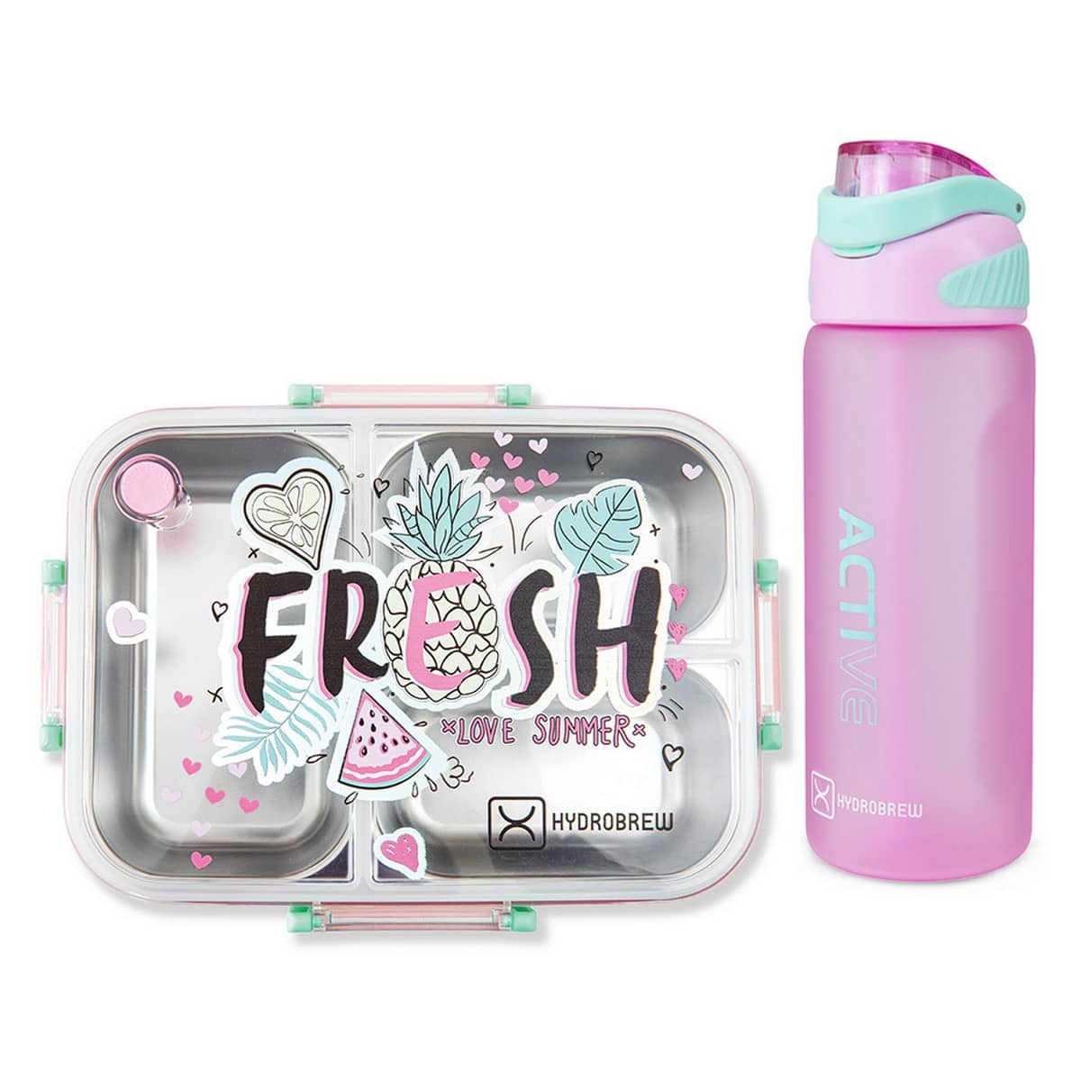 Hydrobrew 750ml Fresh Pink Steel Core Bento Lunch Box with 1000ml Sip Switch Tritan Water Bottle
