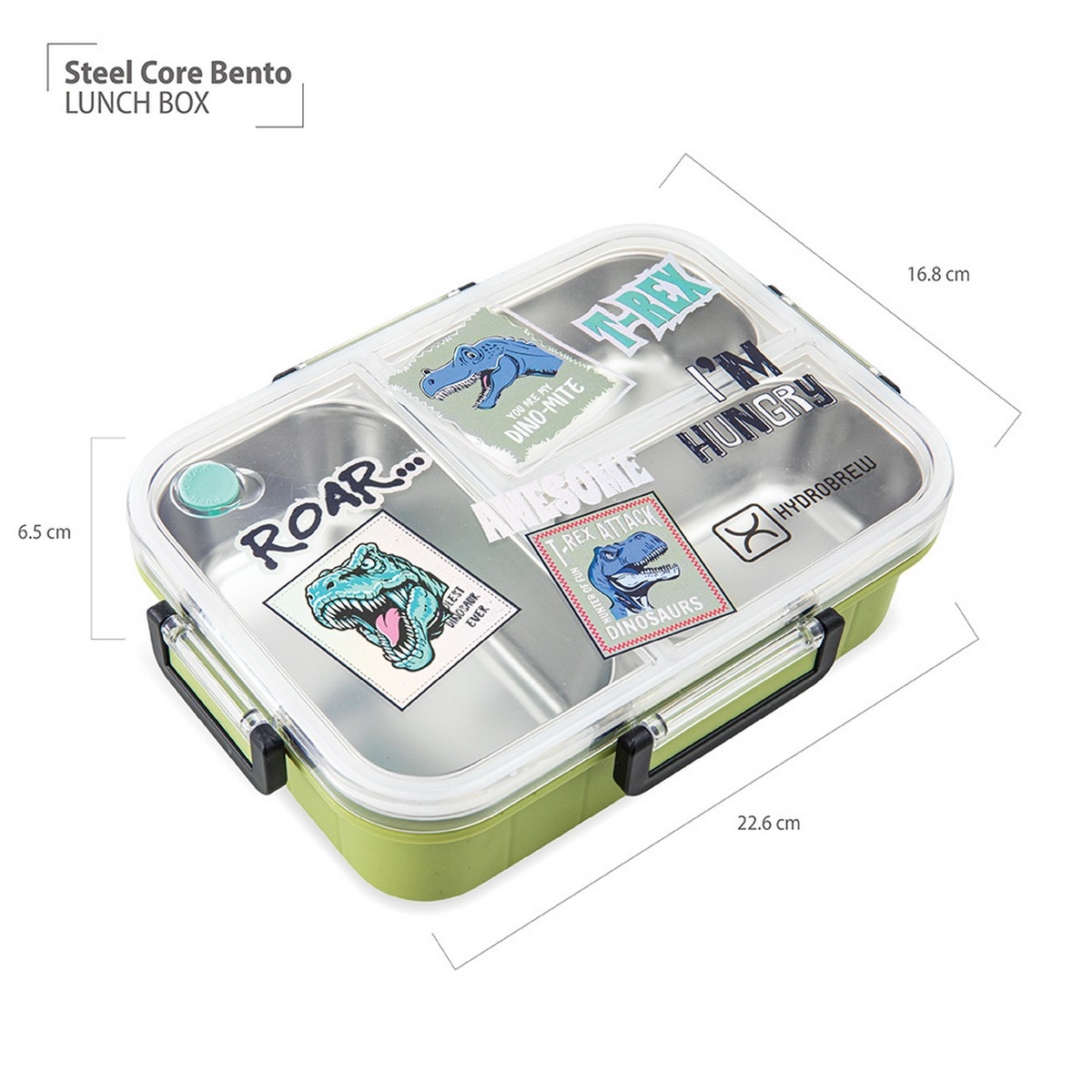 Hydrobrew 750ml Olive Roar Steel Core 3-Compartment Bento Lunch Box