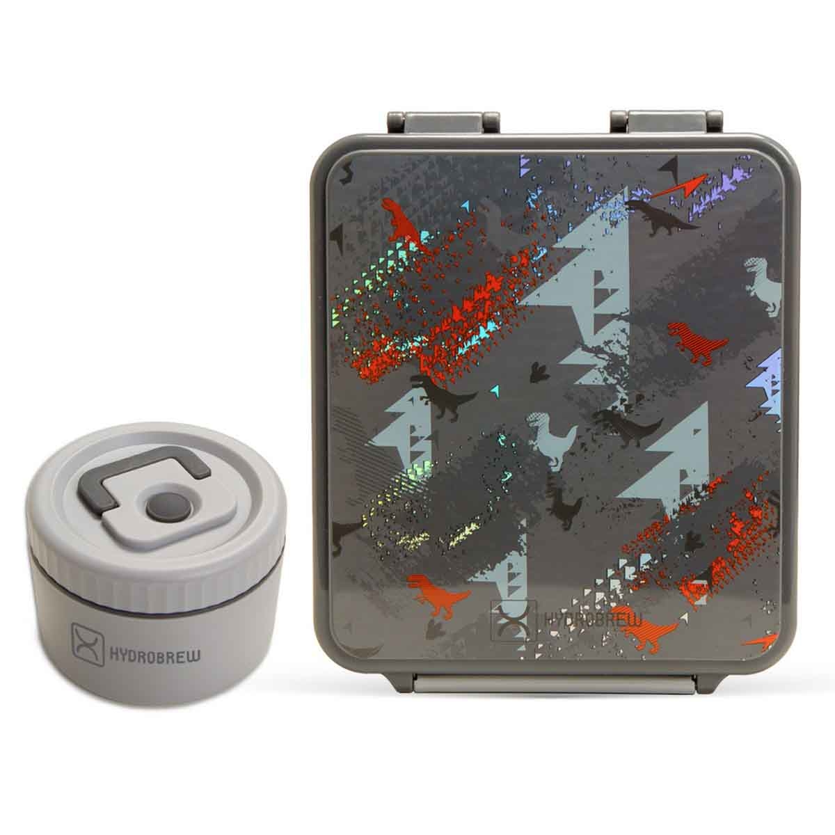 هيدروبرو صندوق غداء بنتو بتصميم ديناصورات مع وعاء طعام من ستانلس ستيل - رمادي