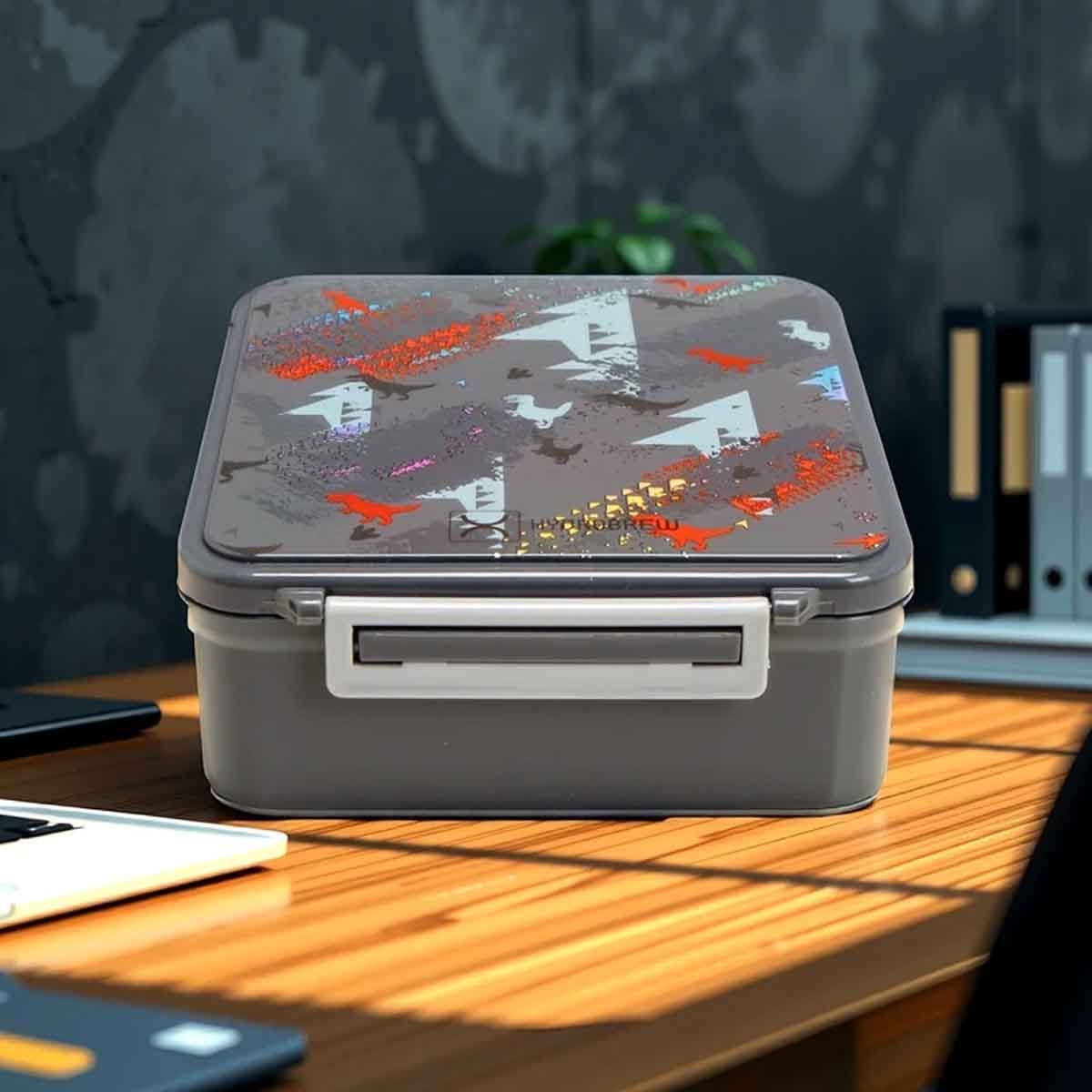 هيدروبرو صندوق غداء بنتو بتصميم ديناصورات مع وعاء طعام من ستانلس ستيل - رمادي