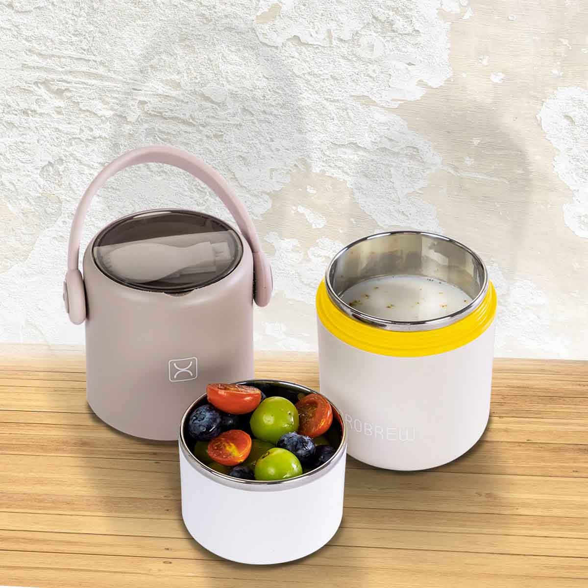 HYDROBREW Grey Double Decker Stainless Steel Lunch Box with Folding Spork