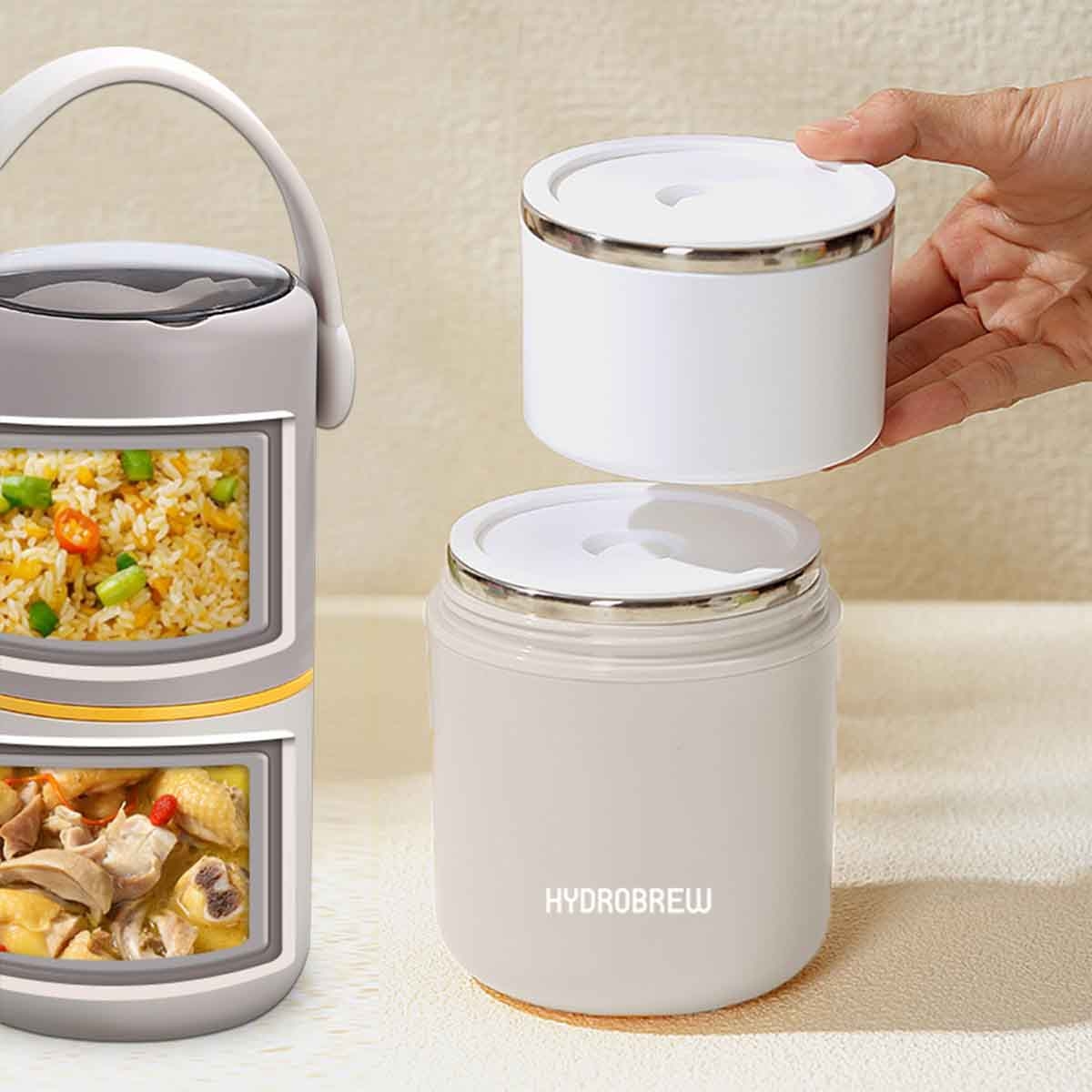 HYDROBREW Grey Double Decker Stainless Steel Lunch Box with Folding Spork