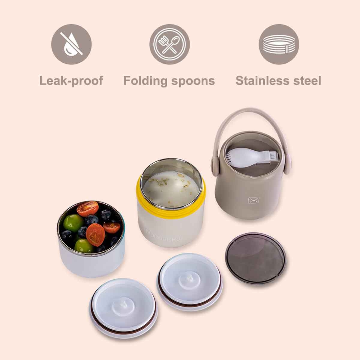 HYDROBREW Grey Double Decker Stainless Steel Lunch Box with Folding Spork