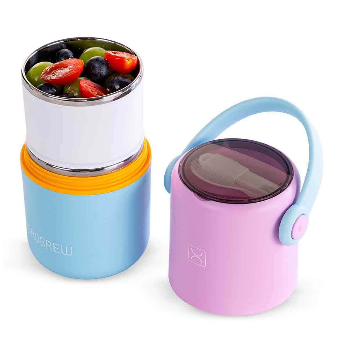 HYDROBREW Mauve/Blue Double Decker Stainless Steel Lunch Box with Folding Spork