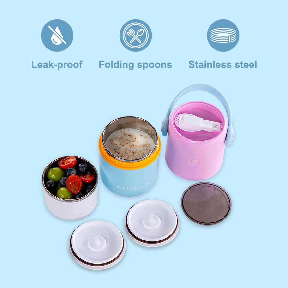 HYDROBREW Mauve/Blue Double Decker Stainless Steel Lunch Box with Folding Spork