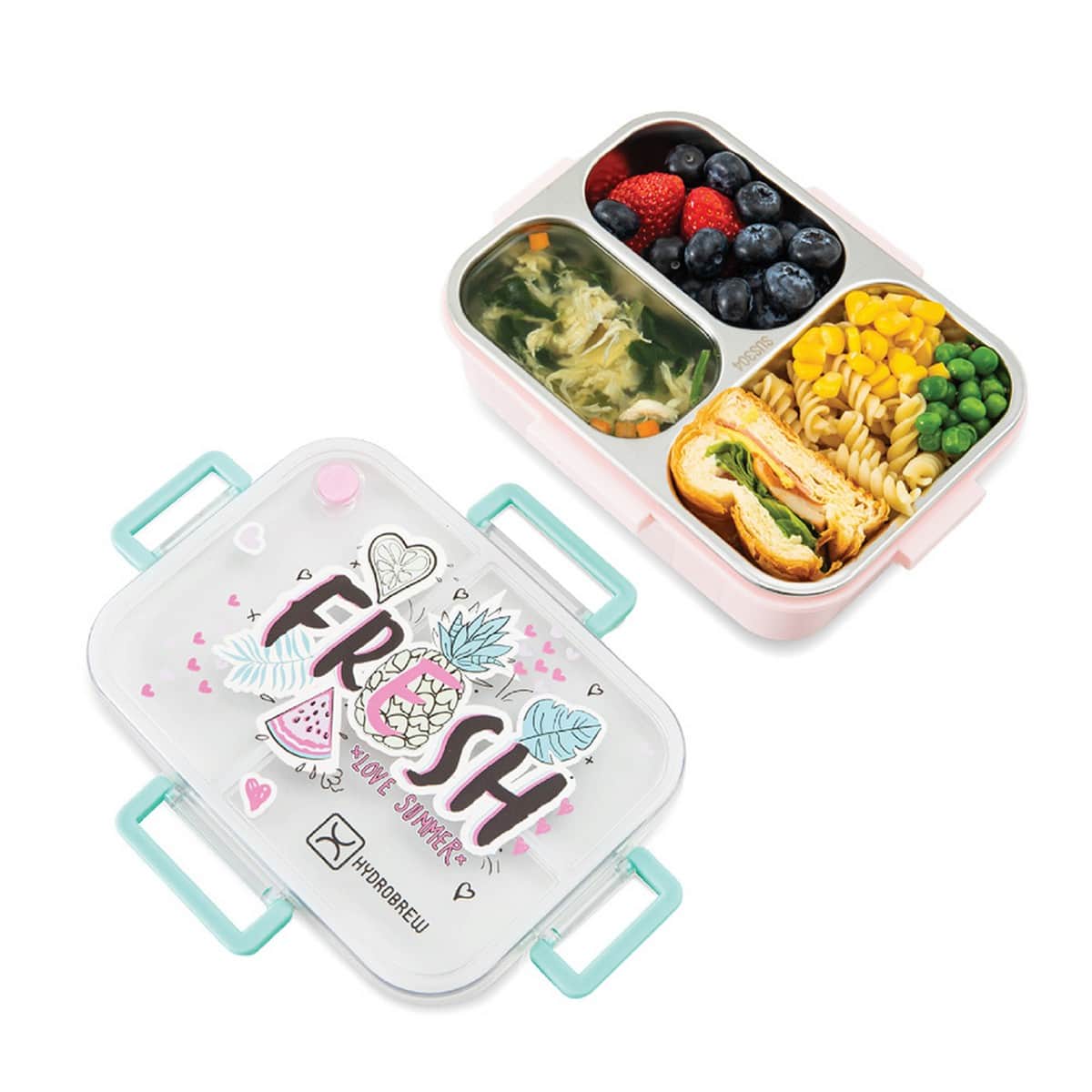 Hydrobrew Fresh Pink Steel Core 3 Compartment Lunch Box with Double Wall Stainless Steel Water Bottle