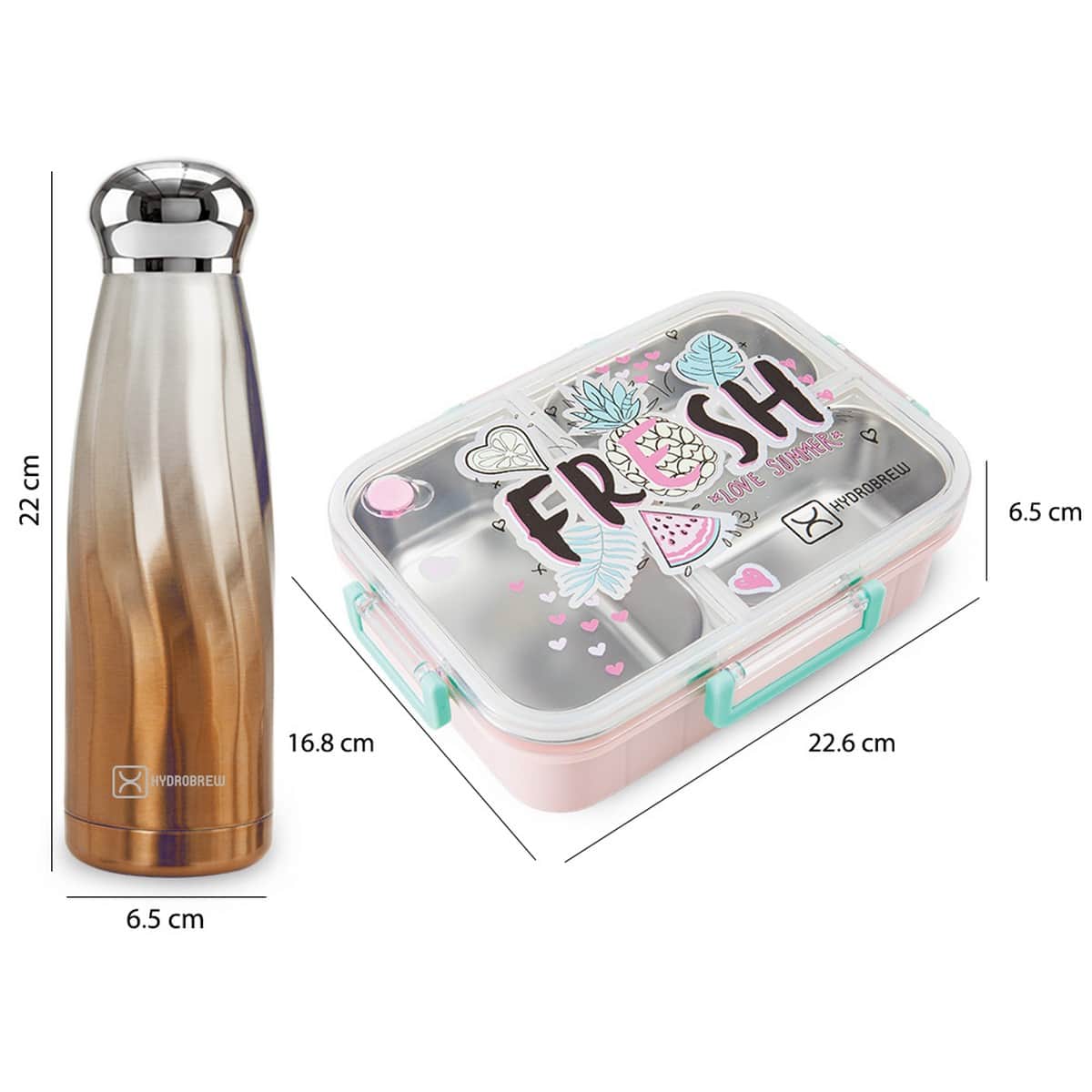 Hydrobrew Fresh Pink Steel Core 3 Compartment Lunch Box with Double Wall Stainless Steel Water Bottle