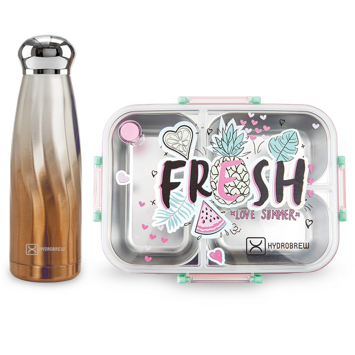Hydrobrew Fresh Pink Steel Core 3 Compartment Lunch Box with Double Wall Stainless Steel Water Bottle