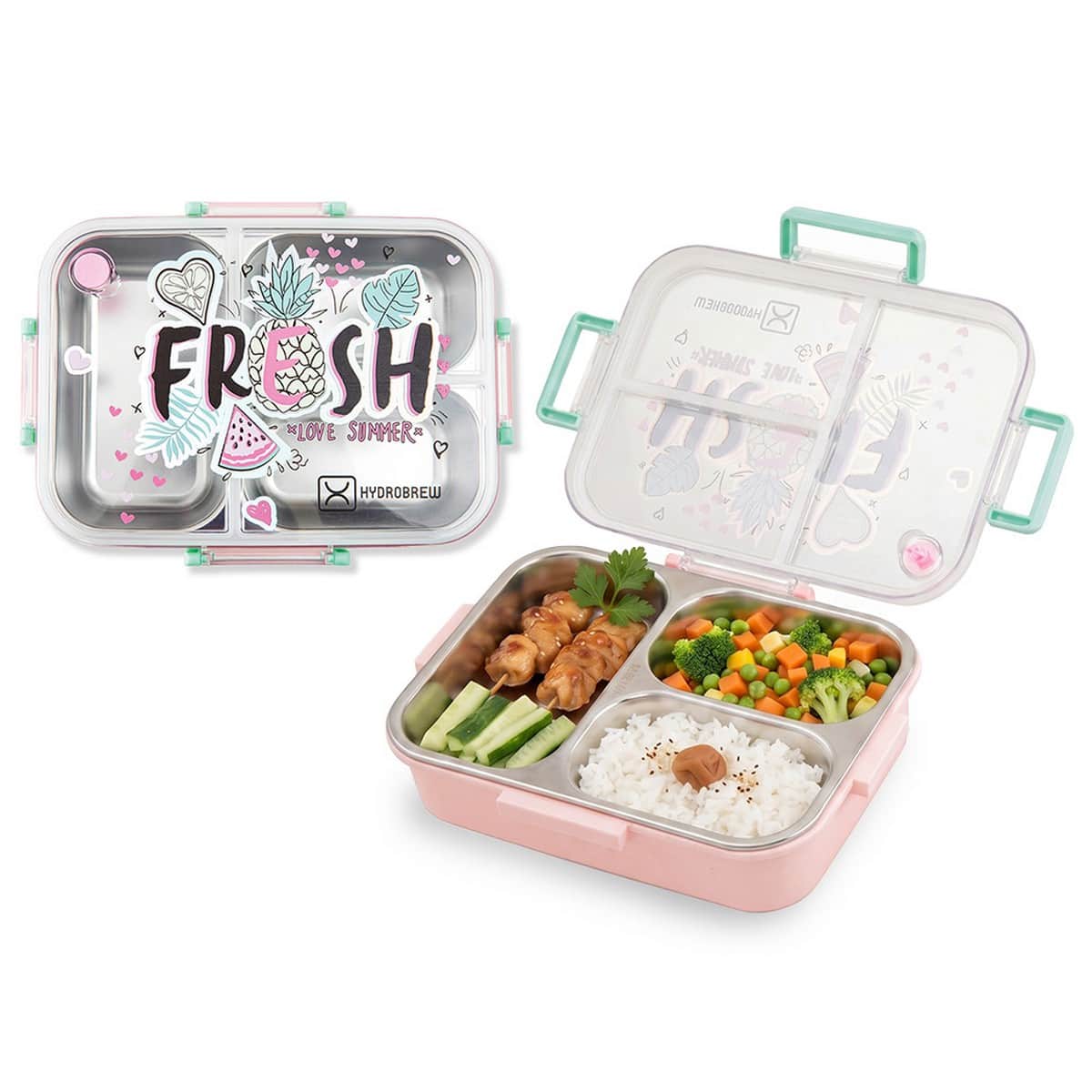 Hydrobrew Fresh Pink Steel Core 3 Compartment Lunch Box with Double Wall Stainless Steel Water Bottle