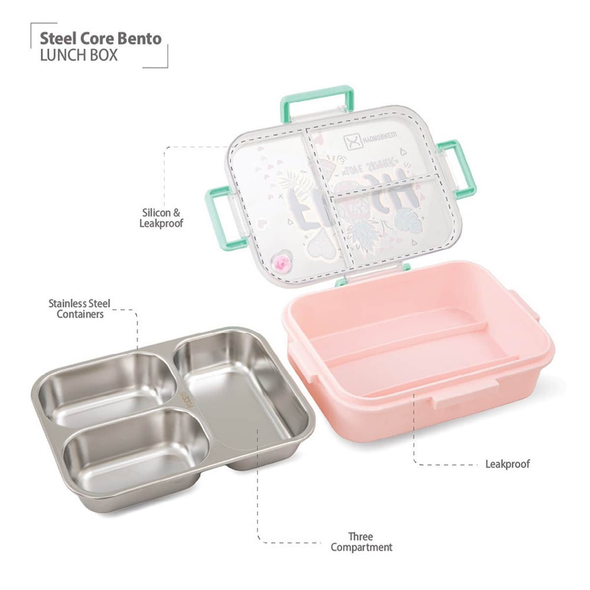 Hydrobrew Fresh Pink Steel Core 3 Compartment Lunch Box with Double Wall Stainless Steel Water Bottle