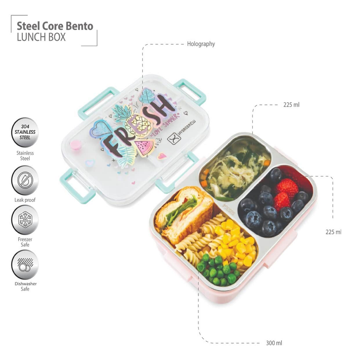 Hydrobrew Fresh Pink Steel Core 3 Compartment Lunch Box with Double Wall Stainless Steel Water Bottle