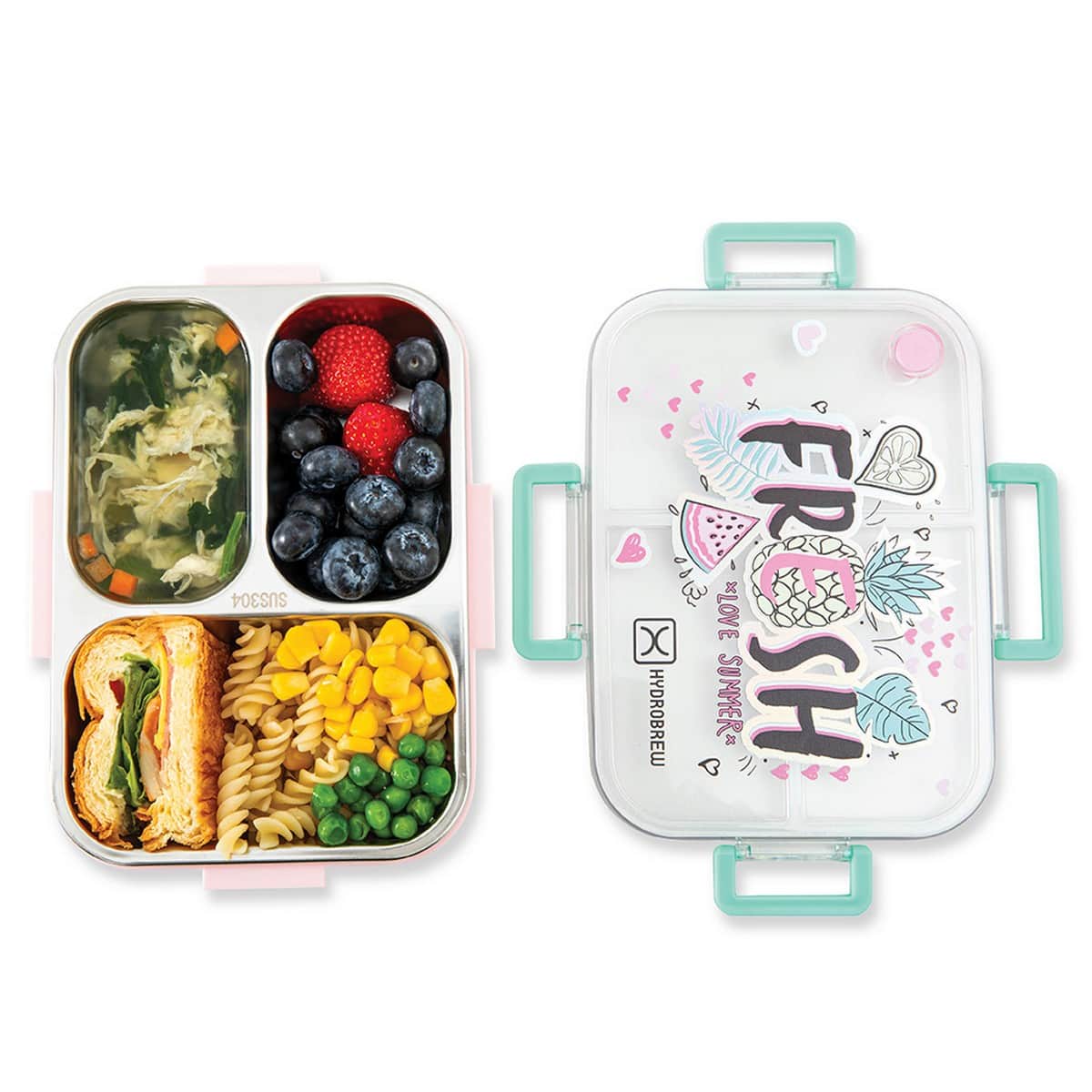 Hydrobrew Fresh Pink Steel Core 3 Compartment Lunch Box with Double Wall Stainless Steel Water Bottle